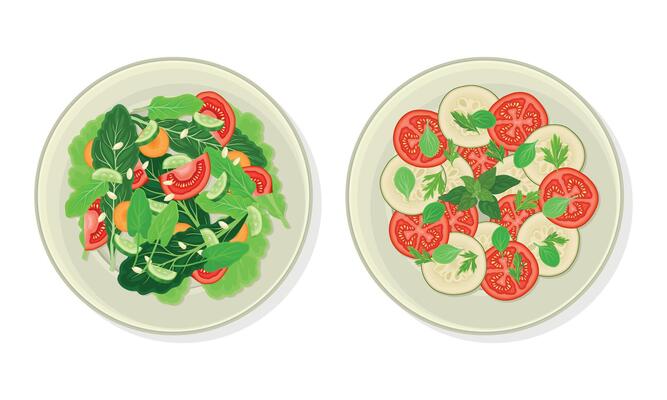 Salad of Green Vegetables and Sliced Tomato and Cucumber as Vegetarian Dish Above View Set