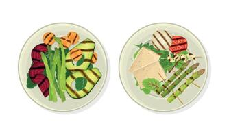 Grilled Vegetables with Tofu and Asparagus as Vegetarian Dish Above View Set vector