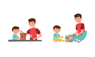 Loving Father and His Son Making Nesting Box and Playing Toy Blocks Spending Weekend Together Set vector