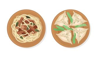 Traditional Dish of Uzbek Cuisine with Noodles with Beef and Dumplings Served on Plate Above View Set vector