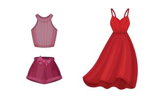 Red Dress with Thin Shoulder Straps and Shorts with Tank Top Set vector
