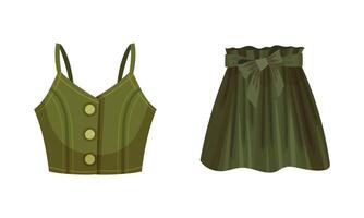 Green Flared Skirt with Bow on Waist and Buttoned Tank Top Set vector