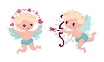 Curly-haired Cherub Character as Saint Valentine Day Symbol Set vector