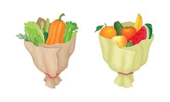 Vegetable and Fruit Bouquet Wrapped in Papper Set vector