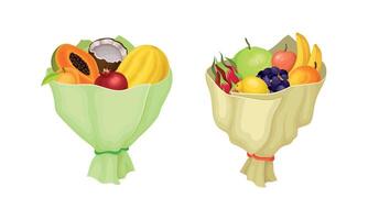 Bouquet of Ripe and Juicy Exotic Fruit Wrapped in Papper Set vector