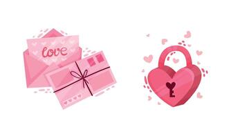 Pink Open Envelope with Amour Letter and Heart Shaped Lock as Saint Valentine Day Symbol Set vector
