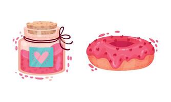 Sweet Jam in Corked Jar and Doughnut as Saint Valentine Day Symbol Set vector