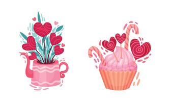 Flowerpot with Heart and Cupcake with Candy Cane as Saint Valentine Day Symbol Set vector