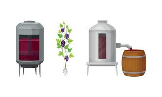 Metal Tank with Grape Juice as Alcoholic Fermentation and Pouring in Wooden Barrel Set vector