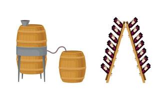 Wooden Barrel with Wine and Glass Bottles in Rack Set vector