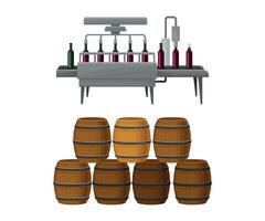Wine Bottles Label Sticking Process with Glass Containers on Conveyor Belt and Wooden Barrel Set vector