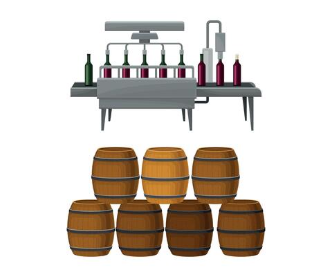 Wine Bottles Label Sticking Process with Glass Containers on Conveyor Belt and Wooden Barrel Set