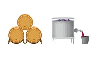 Grape Juice in Wooden Barrel and Metal Tank for Berry Crushing and Squeezing Set vector
