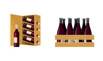 Grape Wine Glass Bottles Standing in Wooden Wine Rack and Crate Set vector