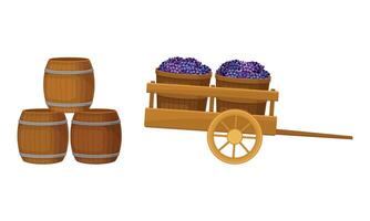 Grape Juice in Wooden Barrel and Wagon with Harvested Berry Set vector