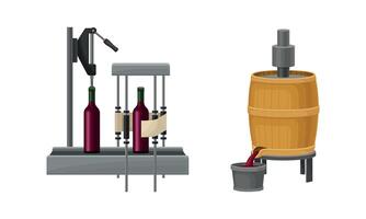 Wine Bottles Sealing or Capping with Cork and Label Sticking Process on Conveyor Belt and Fermentation in Wooden Barrel Set vector