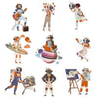 Spaceman or Astronaut in Space Suit on the Moon Playing Guitar and Painting Set vector