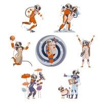 Spaceman or Astronaut in Space Suit on the Moon Skateboarding and Playing Basketball Set vector