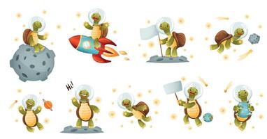 Cute turtle astronaut set. Funny tortoise space tourist character floating in outer space illustration vector