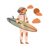 Spaceman or Astronaut Man Character in Space Suit on the Moon Standing with Surfboard Illustration vector