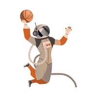 Spaceman or Astronaut Man Character in Space Suit on the Moon Playing Basketball Illustration vector