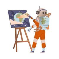Spaceman or Astronaut Man Character in Space Suit on the Moon Painting on Canvas with Brush and Drawing Easel Illustration vector