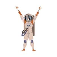 Spaceman or Astronaut Man Character in Space Suit on the Moon Standing with Raised Hands Illustration vector