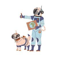 Spaceman or Astronaut Man Character with Dog in Space Suit on the Moon Hitchhiking to Earth Illustration vector