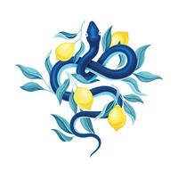 Snake coiled around lemon tree illustration on white background vector