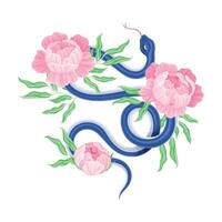 Snake coiled around beautiful pink flowers illustration vector