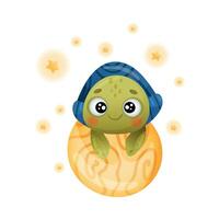 Cute turtle in space. Adorable baby tortoise character flying in outer space illustration vector