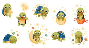 Cute turtle floating in outer space set. Adorable baby tortoise character dreaming of becoming astronaut illustration vector