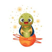 Cute turtle floating in outer space. Adorable baby tortoise character illustration vector
