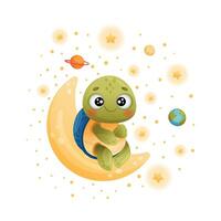 Cute turtle astronaut sitting on moon. Adorable baby tortoise character flying in outer space illustration vector