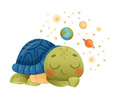 Cute sleeping turtle astronaut. Adorable baby tortoise character flying in outer space illustration vector