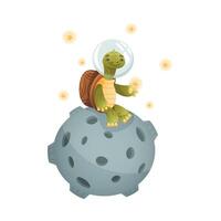 Cute turtle space tourist sitting on moon. Funny tortoise character flying in outer space illustration vector