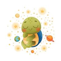 Cute turtle floating in outer space. Adorable baby tortoise character astronaut illustration vector