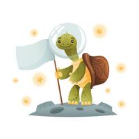 Cute turtle space tourist standing on the moon with flag. Funny tortoise character flying in outer space illustration vector