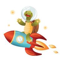 Cute turtle astronaut riding rocket. Funny tortoise character in outer space illustration vector