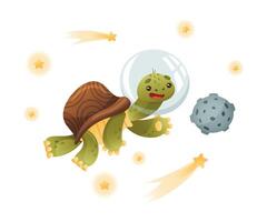 Cute turtle space tourist or astronaut. Funny tortoise character floating in outer space illustration vector