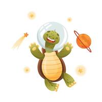 Cute happy turtle astronaut. Funny tortoise character floating in outer space illustration vector