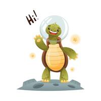 Cute happy turtle astronaut saying hi. Funny tortoise character standing on the moon illustration isolated on white background vector