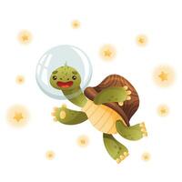 Cute happy turtle astronaut in helmet. Funny tortoise character floating in outer space illustration vector
