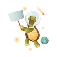 Cute happy turtle astronaut holding blank sign board. Funny tortoise character floating in outer space illustration vector