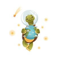 Cute turtle astronaut with Earth planet. Funny tortoise character floating in outer space illustration vector