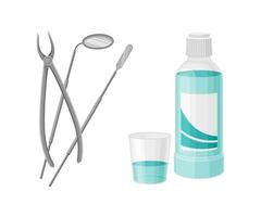 Metal Stomatological Tools with Mouth Mirror and Tooth Extracting Forceps and Bottle with Rinse Liquid Set vector