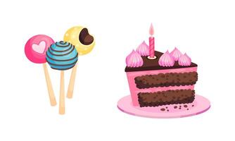 Chocolate Layered Cake with Burning Candle and Candy on Stick as Birthday Symbol Set vector