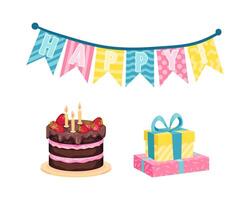Chocolate Layered Cake with Burning Candles and Gift Box as Birthday Symbol Set vector