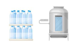 Water Poured in Plastic Bottles Rested on Shelf and Metal Tank with Mineral Fluid Set vector