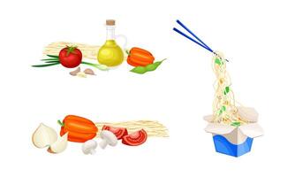 Chinese Udon Noodle Preparation with Ingredient and Cardboard Box with Chopsticks Set vector